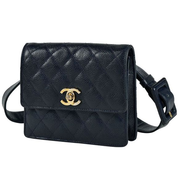 Chanel Matelasse Waist Pouch Mini Body Bag Caviar Skin Navy - Picture 1 of 9
